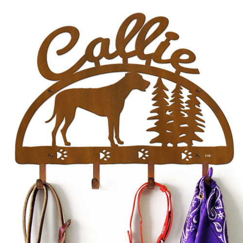 Rhodesian Ridgeback Personalized Leash Organizer Wall Hooks- Choose Color or Paint it Yourself - trees script rust