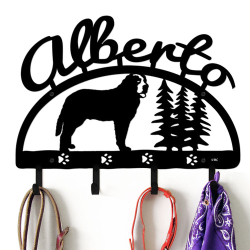 Saint Bernard Personalized Leash Organizer Wall Hooks- Choose Color or Paint it Yourself - trees script black