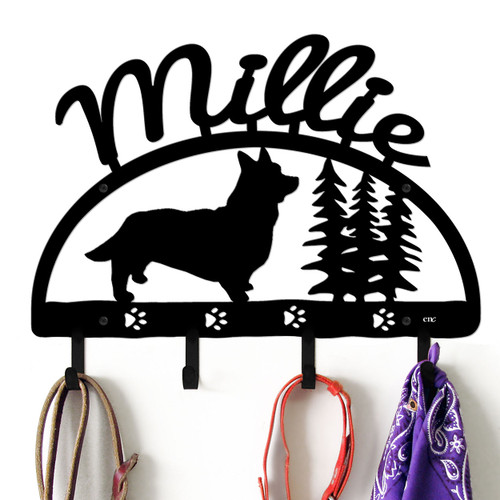 Cardigan Welsh Corgi Personalized Leash Organizer Wall Hooks- Choose Color or Paint it Yourself - trees script black