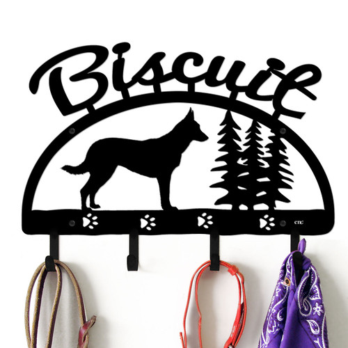 German Shepherd Personalized Leash Organizer Wall Hooks- Choose Color or Paint it Yourself - trees script black