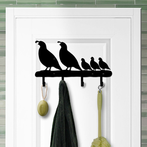 Southwest Decor Quail Family Solid Metal Decorative Wall Hooks - 18in W with 4 Hooks in Black