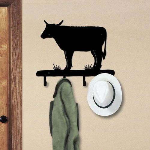 Country Decor Standing Bull Solid Metal Decorative Wall Hooks - 18in W with 4 Hooks in Black