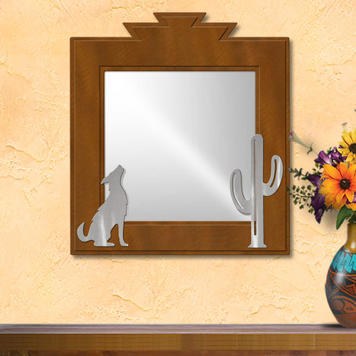 Southwest Decor Coyote and Cactus 16in Wide Accent Mirror - Rust Patina
