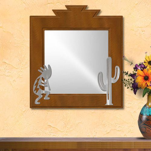 Southwest Decor Kokopelli and Cactus 16in Wide Accent Mirror - Rust Patina