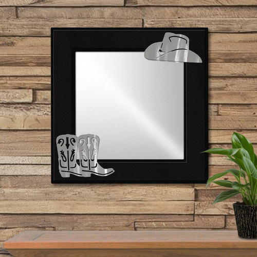 Western Decor Cowboy Hat and Boots 16in Wide Accent Mirror - Satin Black