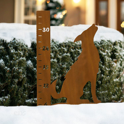 Howling Coyote 36-inch Snowfall Gauge Rust Metal Yard Sculpture - Outdoor Lawn Art