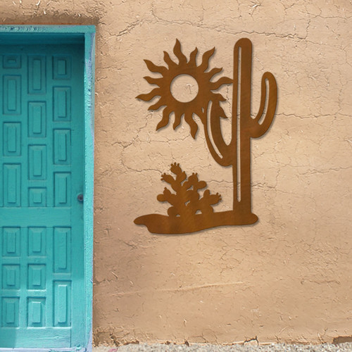 Big 44-inch Cactus Scene: Rust Metal Outdoor Wall Art - Southwest Decor
