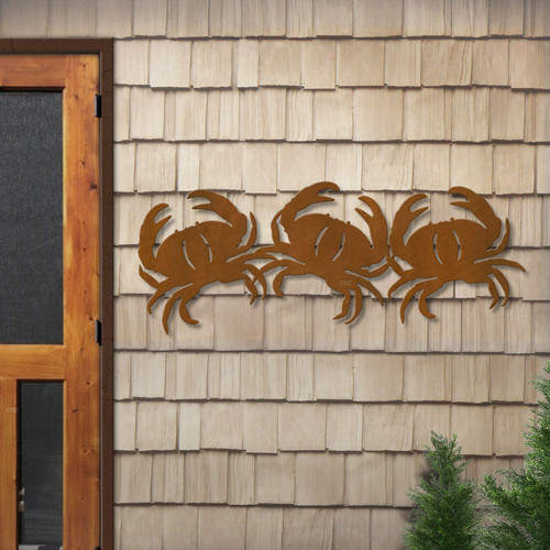 Big 46-inch Crab Trio: Rust Metal Outdoor Wall Art - Coastal Decor