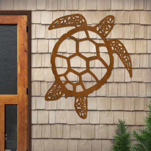 Big 42-inch Sea Turtle Top View: Rust Metal Outdoor Wall Art - Coastal Decor