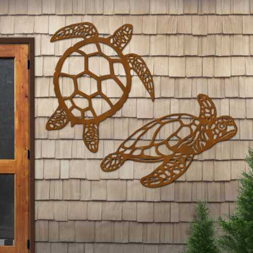 Big 42-inch Sea Turtle Two Piece Set: Rust Metal Outdoor Wall Art - Coastal Decor