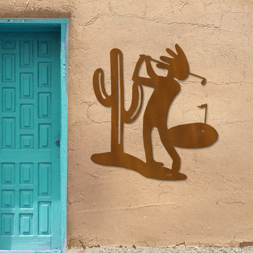 Big 40-inch Kokopelli Desert Golfer: Rust Metal Outdoor Wall Art - Golf Theme
