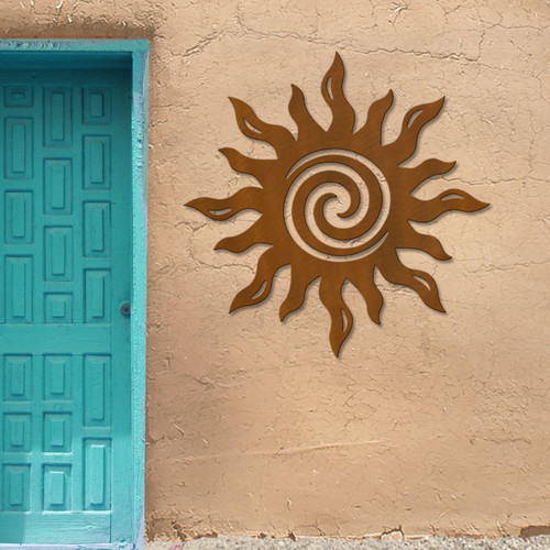Big 40-inch Spiral Sun: Rust Metal Outdoor Wall Art - Celestial Theme