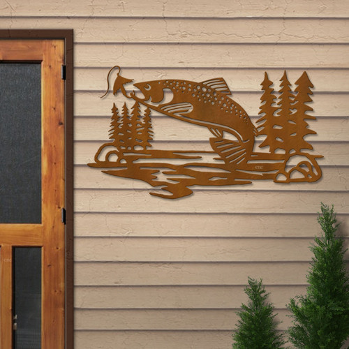 Big 46-inch Trout Fishing Scene: Rust Metal Outdoor Wall Art - Fishing Theme