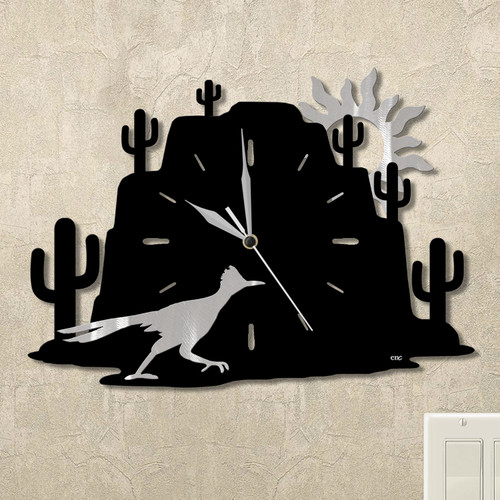Roadrunner Cactus Mountain Wall Clock in satin black