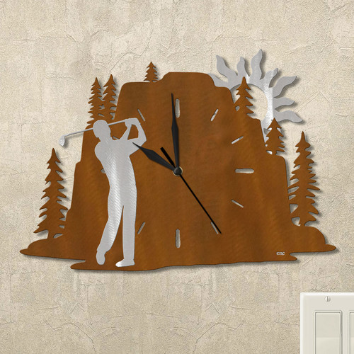 Golfing Man Evergreen Mountain Wall Clock in rust patina