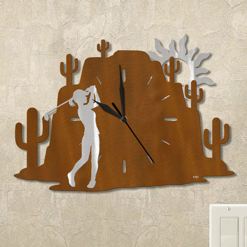 Golfing Woman Cactus Mountain Wall Clock in rust patina