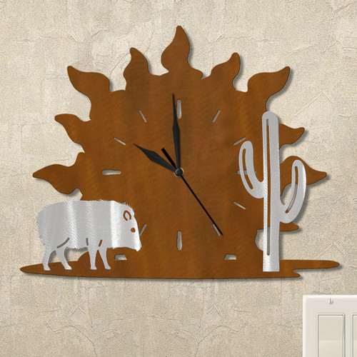 Javelina and Cactus Sunrise Wall Clock in rust patina