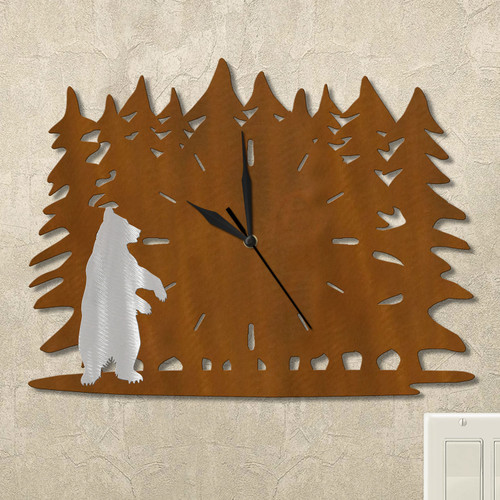 Standing Bear Trees Wall Clock in rust patina