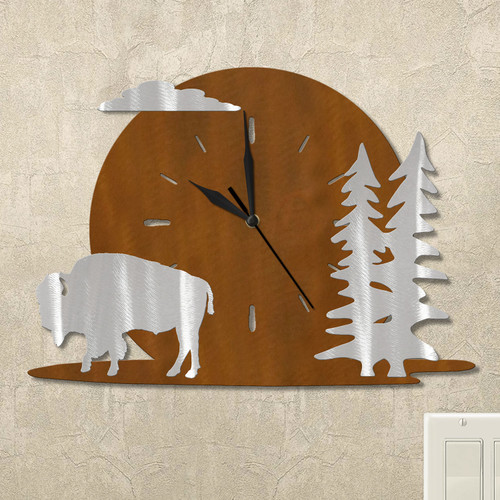 Buffalo and Trees Moonrise Wall Clock in rust patina