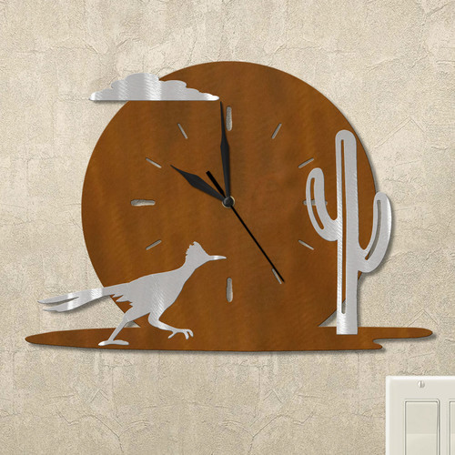 Roadrunner and Cactus Moonrise Wall Clock in rust patina