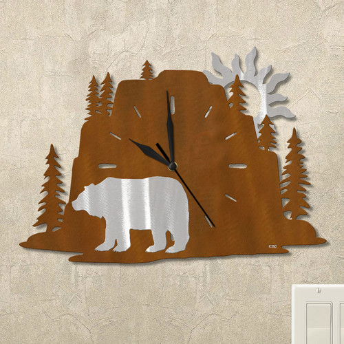 Bear Evergreen Mountain Wall Clock in rust patina