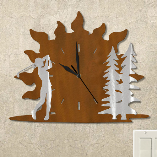 Golfing Woman and Trees Sunrise Wall Clock in rust patina