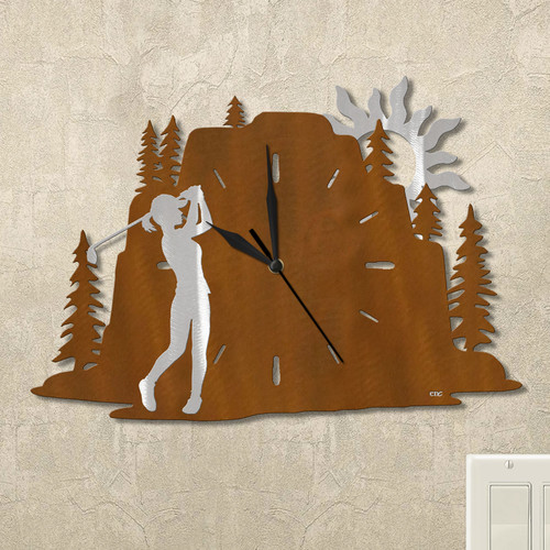 Golfing Woman Evergreen Mountain Wall Clock in rust patina