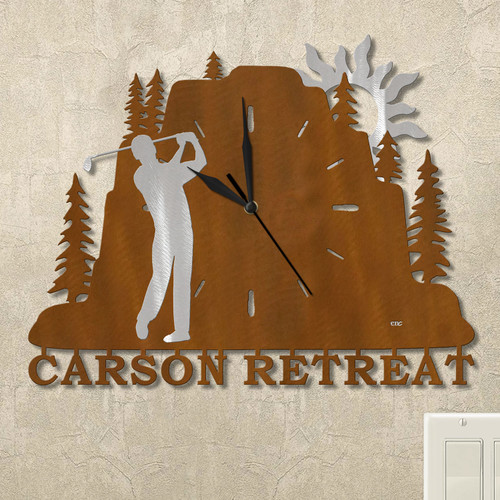 Golfing Man Evergreen Mountain Personalized Wall Clock in rust patina