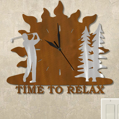 Golfing Man and Trees Sunrise Personalized Wall Clock in rust patina