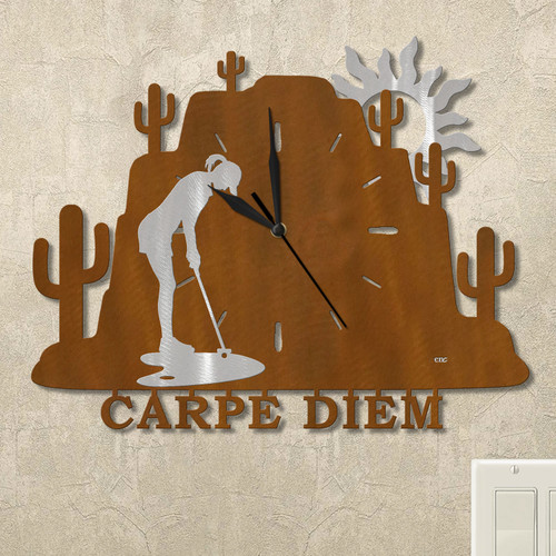 Woman Putting Cactus Mountain Personalized Wall Clock in rust patina