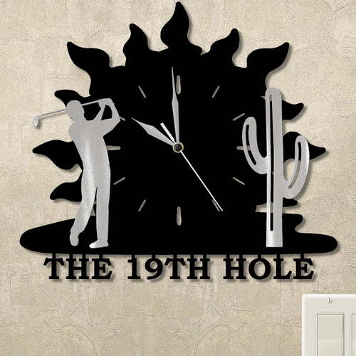 Golfing Man and Cactus Sunrise Personalized Wall Clock in satin black
