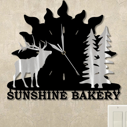Elk and Trees Sunrise Personalized Wall Clock in satin black
