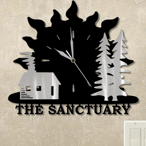 Cabin and Trees Sunrise Personalized Wall Clock in satin black