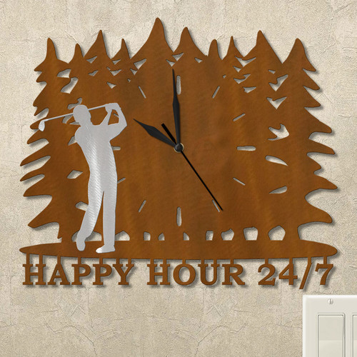 Golfing Man Trees Personalized Wall Clock in rust patina