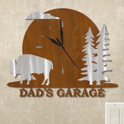 Buffalo and Trees Moonrise Personalized Wall Clock in rust patina