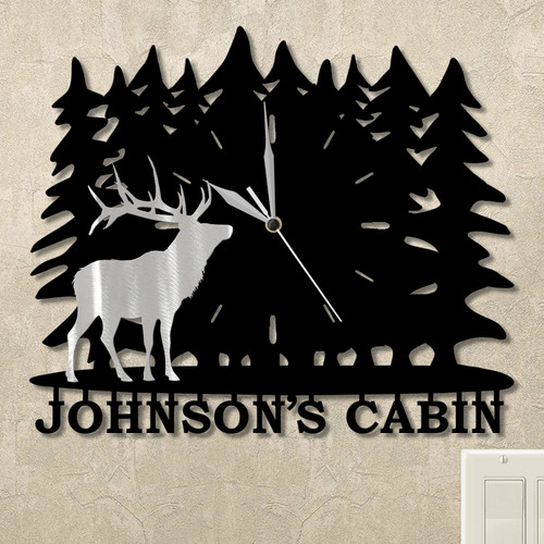 Elk Trees Personalized Wall Clock in satin black