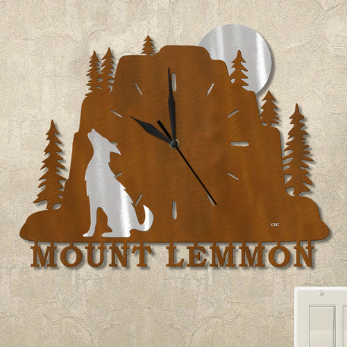 Coyote and Moon Evergreen Mountain Personalized Wall Clock in rust patina