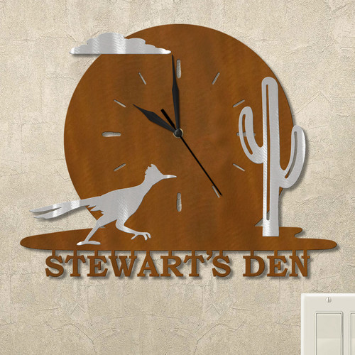 Roadrunner and Cactus Moonrise Personalized Wall Clock in rust patina