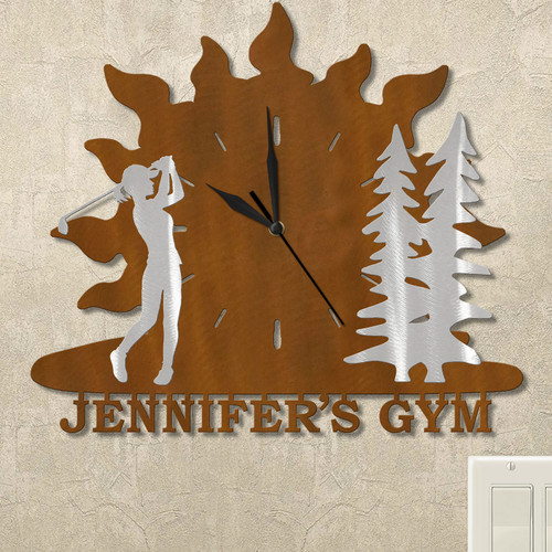 Golfing Woman and Trees Sunrise Personalized Wall Clock in rust patina
