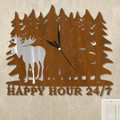 Lone Moose Trees Personalized Wall Clock in rust patina