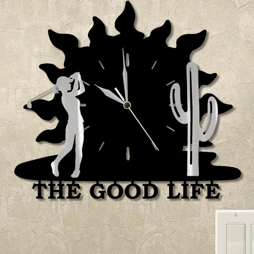 Golfing Woman and Cactus Sunrise Personalized Wall Clock in satin black