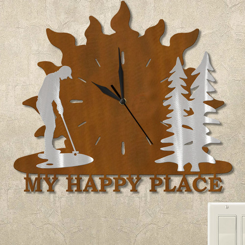 Man Putting and Trees Sunrise Personalized Wall Clock in rust patina