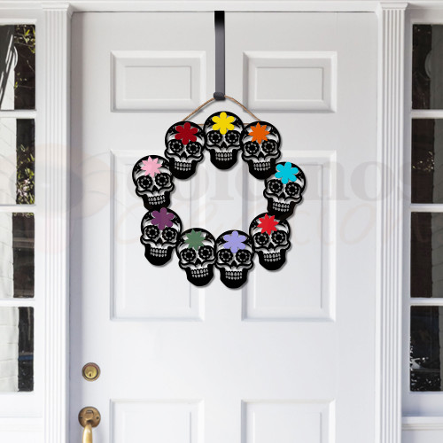 Day of the Dead Skulls Halloween 22in Wreath - Black on Door