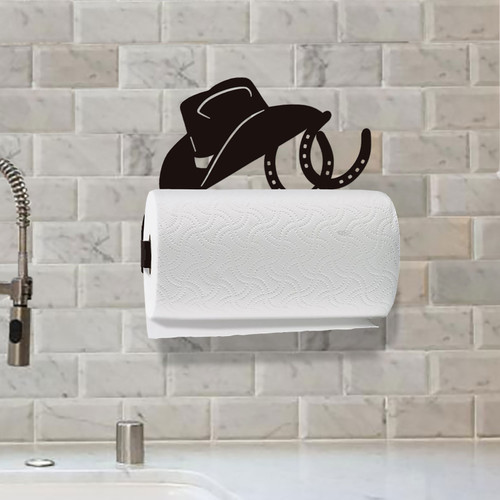 Cowboy Hat and Horseshoes Wall Mount Paper Towel Holder - Mounted Example