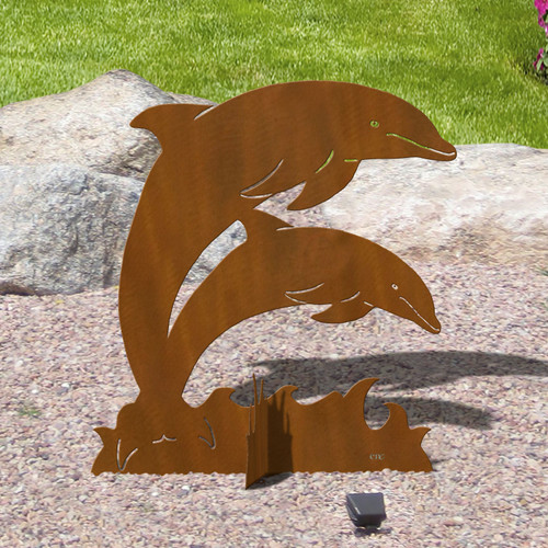 36in Tall Bottlenose Dolphins Coastal Decor Rust Metal Sturdy Outdoor Yard Art Lawn Statue Sculpture - Made in USA