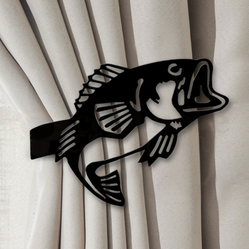 Fishing Decor Bass Design Curtain Tie Back Hooks - Satin Black Right Side Fishing Decor Bass Design Curtain Tie Back Hooks - Satin Black Right Side