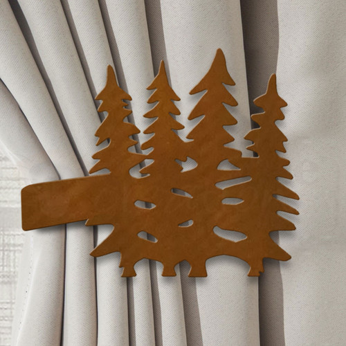 Lodge Decor Trees Design Curtain Tie Back Hooks - Rust Patina Right Side Lodge Decor Trees Design Curtain Tie Back Hooks - Rust Patina Right Side