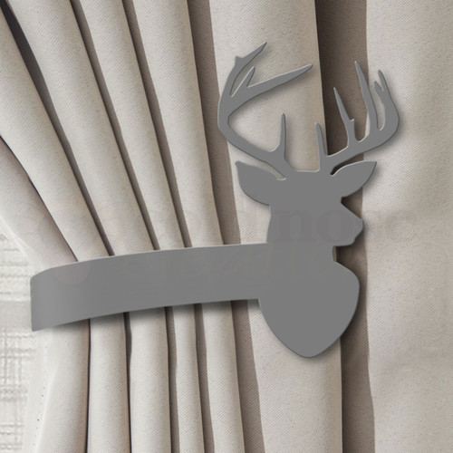 Lodge Decor Deer Bust Design Curtain Tie Back Hooks - Unpainted Primer Right Side Lodge Decor Deer Bust Design Curtain Tie Back Hooks - Unpainted Primer Right Side