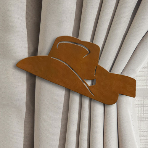 Western Decor Hat Design Curtain Tie Back Hooks - Rust Patina Left Side Western Decor Hat Design Curtain Tie Back Hooks - Rust Patina Left Side
