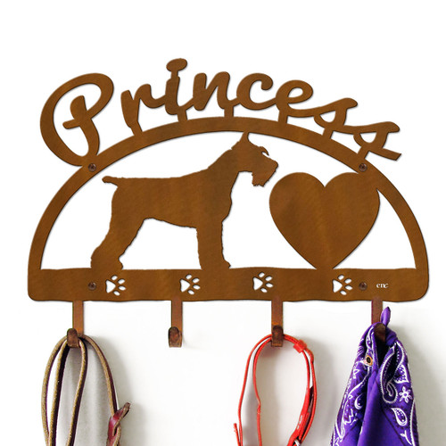 Giant Schnauzer Personalized Leash Organizer Wall Hooks- Choose Color or Paint it Yourself - heart script rust